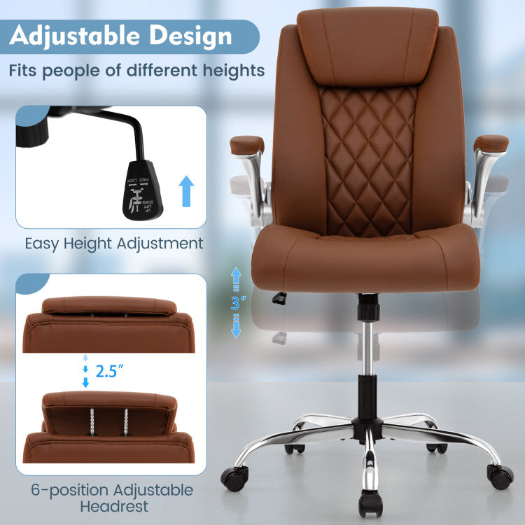 <strong> Adjustable Headrest and Height:</strong> Our executive office chair offers unparalleled adjustability with a 6-position headrest and customizable height settings, catering to individuals of all heights. Enjoy a comfortable sitting experience with ergonomic design and skin-friendly PU leather, ensuring fatigue-free productivity even during long hours.<br>