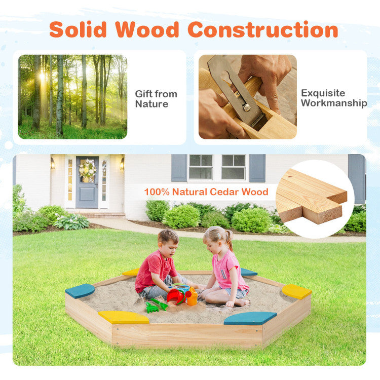 <strong>Premium Quality Cedar Wood:</strong> Our children's sandbox is crafted from durable and robust cedar wood, ensuring years of enjoyment. Certified by ASTM and CPSIA, this 100% natural material guarantees safety and health for your little ones. Plus, the smooth, burr-free surface provides optimal protection for delicate skin, making playtime worry-free.
