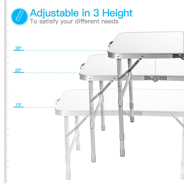 Versatile & Adjustable Folding Table: Our portable folding table offers three adjustable heights - 13", 22", and 26", allowing you to find the perfect setting for your needs. Its spacious surface measuring 35.5" x 24" provides ample space for various items, making it highly practical and versatile.