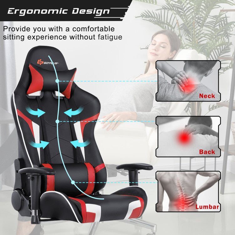 Ergonomic Design with Massage Pillow: The lumbar cushion, when connected to a power source, offers a soothing massage to relieve lower back muscle fatigue. It even includes a handy pocket to store your power bank. The chair's ergonomic design extends to the armrests and headrest for added comfort.