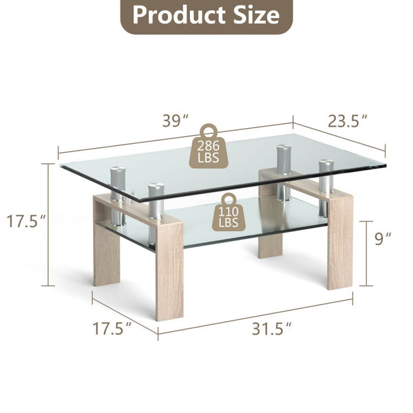 Hikidspace Rectangle Glass Coffee Table with Metal Legs for Living Room