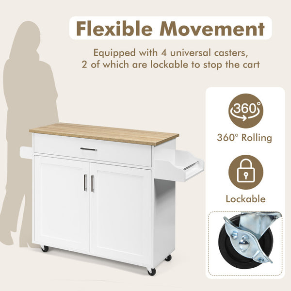 Effortless Mobility with Lockable Wheels: Enjoy the freedom to move the kitchen island cart effortlessly with its four smooth universal wheels. For added safety and stability, two of the rubber casters are lockable, allowing you to secure the cart in place and prevent any unwanted movement.