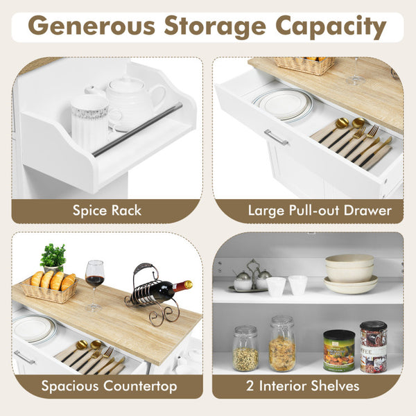 Optimal Storage Solution: Experience the perfect storage solution with our kitchen trolley, featuring a large drawer and spacious cabinet to keep your utensils, silverware, and glassware safely organized. The enclosed space ensures everything is within easy reach. The thoughtful design also includes a towel rack and spice rack for added convenience.