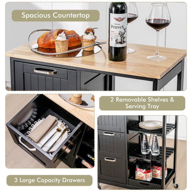 Abundant Storage Solution: This kitchen cart provides ample space for all your kitchen needs. The wide countertop offers a generous food preparation area, while the 3 large drawers securely store utensils, silverware, and glassware. With a convenient tray and 2-tier open shelves, you can easily organize and access your kitchen essentials.