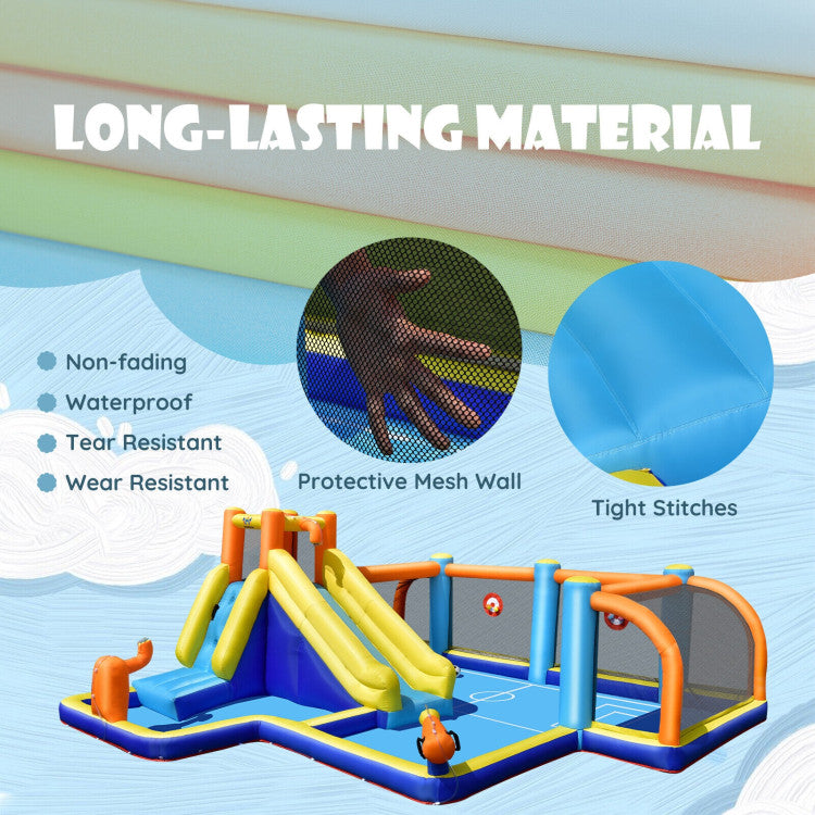 Built to Last: Crafted from ultra-durable 420D+840D Oxford cloth, our water slide is engineered to withstand the wildest jumps. The soccer zone's transparent mesh walls keep the inflatable soccer in play and ensure safety by preventing falls.