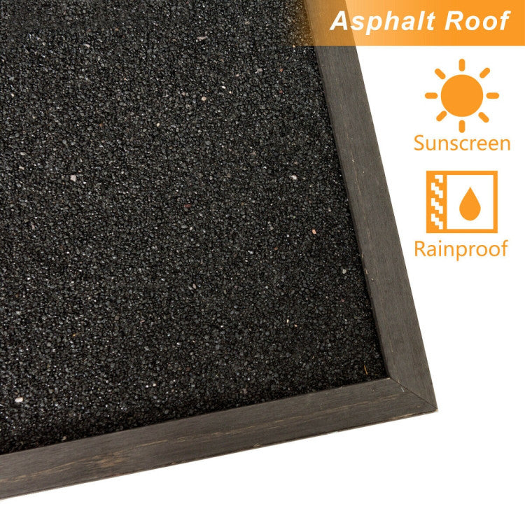 <strong>Weather-Proof Design:</strong> The slanted asphalt roof efficiently channels rainwater, preventing ponding. The seamless slat design shields against harsh weather, and the raised floor safeguards against water ingress, ensuring a warm and snug haven for your pets in any weather condition.