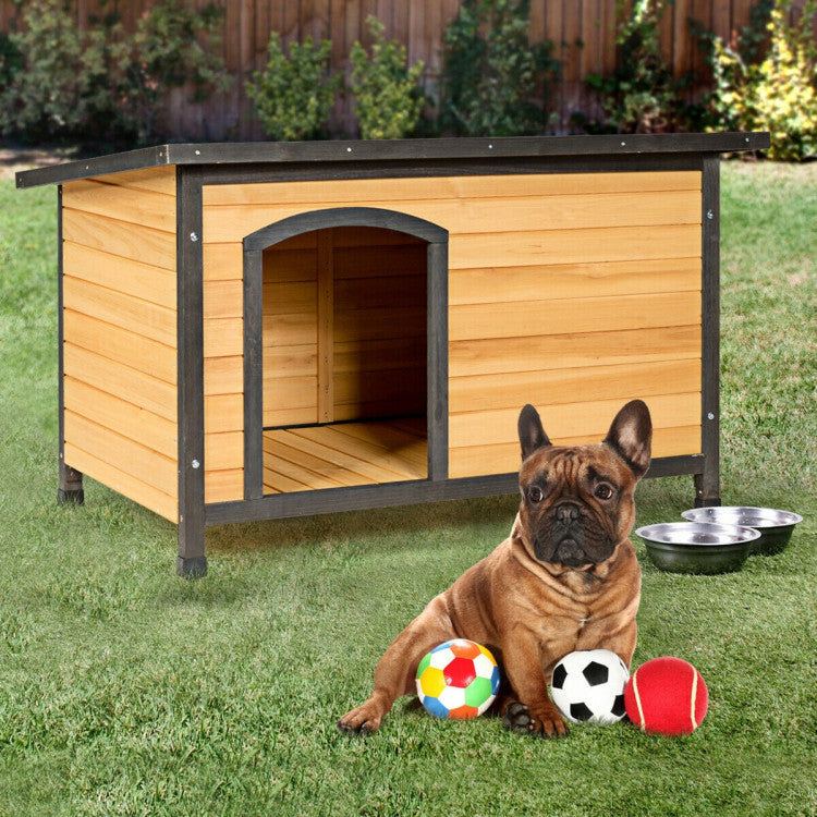 <strong>Spacious and Welcoming Interior:</strong> Boasting ample space, this wooden dog house offers a cozy retreat for your pets. The off-center open entrance promotes airflow and easy observation, creating a comfortable environment for your pets to rest, nest, and dine.