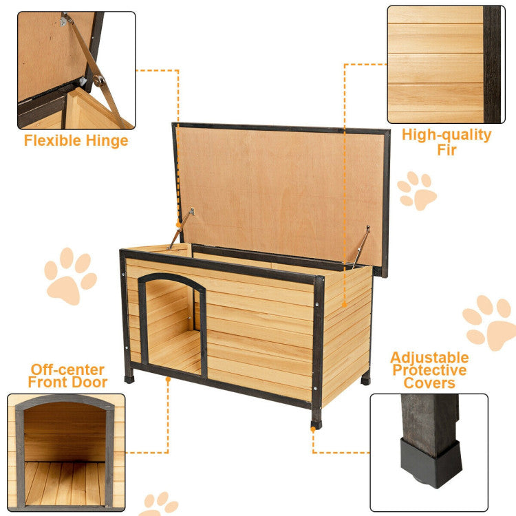 <strong>Robust and Long-Lasting Build:</strong> Crafted from sturdy fir wood and fortified with stainless steel hardware, our dog house ensures lasting protection. The adjustable foot pads ensure stability on any terrain, providing a reliable and durable shelter for your furry companions.
