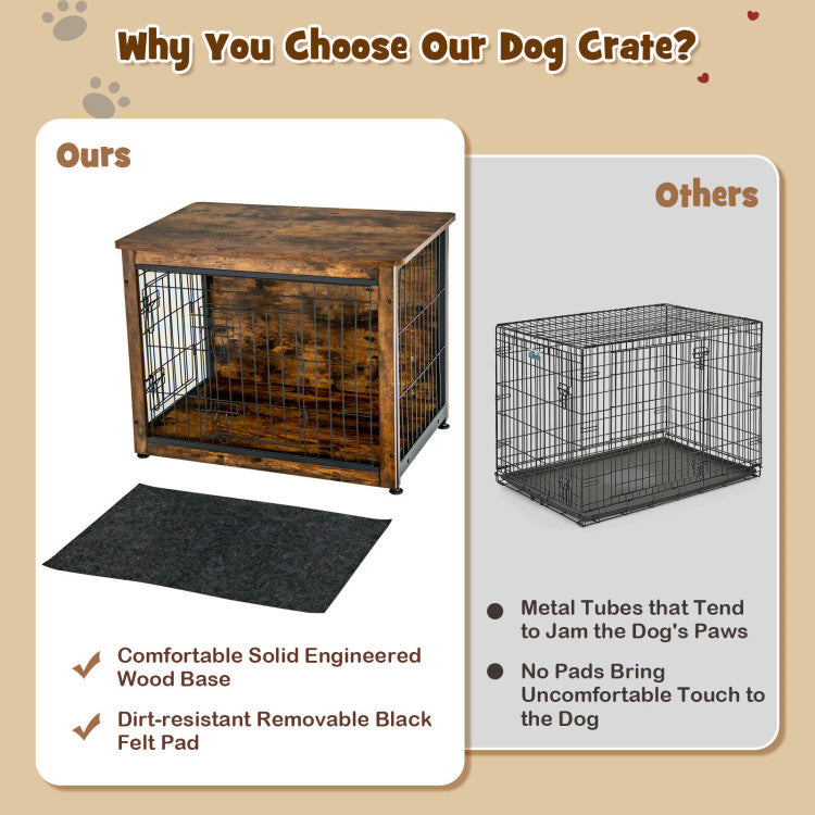 <strong>Safe and Stable Construction:</strong> This sophisticated 2-in-1 dog crate is constructed with a solid engineered wood base and a strong metal frame capable of supporting up to 110 lbs. Equipped with non-slip pads for stability and is designed with smoothly polished edges to safeguard your pet from harm.