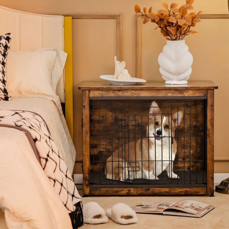 <strong> Ideal Home for Dogs:</strong> Crafted for the utmost comfort, this designer dog crate boasts a three-sided ventilation system ensuring a panoramic view for your pet, coupled with a durable, black removable felt pad that's resistant to dirt, facilitating easy cleanup and maintaining a pristine living environment for both you and your pet.