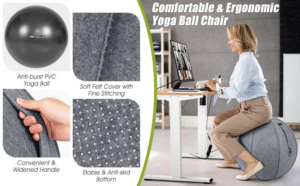 <strong>Plush Yoga Ball with Premium Felt Cover:</strong> Elevate your comfort with our yoga ball featuring a luxurious felt cover for a soft and skin-friendly touch. The smooth zipper design allows effortless removal and machine washing, maintaining a pristine and comfortable surface.