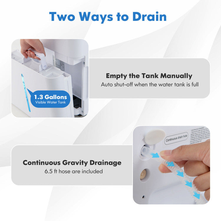<strong> 2 Drainage Options and Overflow Protection:</strong> The dehumidifier comes with a 5L/1.3-gallon water tank with a visible water level, allowing you to see the water collected. The dehumidifier will automatically shut off when the water tank is full, and then you can empty the water manually. Moreover, a 1m/3.3ft long drain hose is included for continuous drainage.