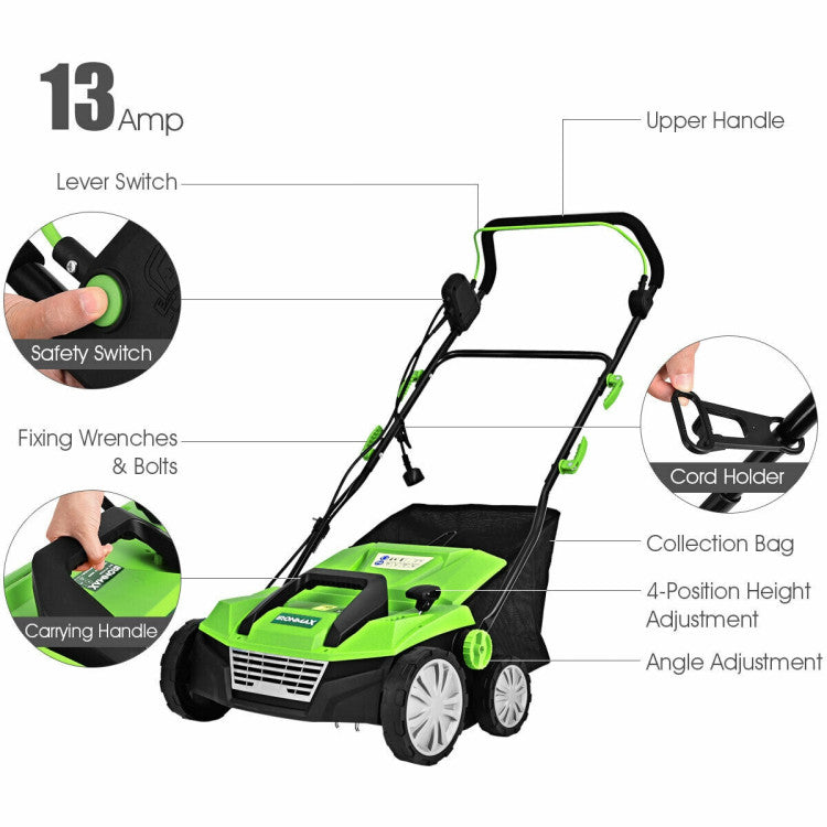 <strong>Powerful Motor and Angle Adjustment:</strong> With a powerful 13 Amp copper motor and a refined frame, this corded electric scarifier will give you great maneuverability and efficient cutting efficiency. You can adjust the angle of operation easily to match different ground or slope.