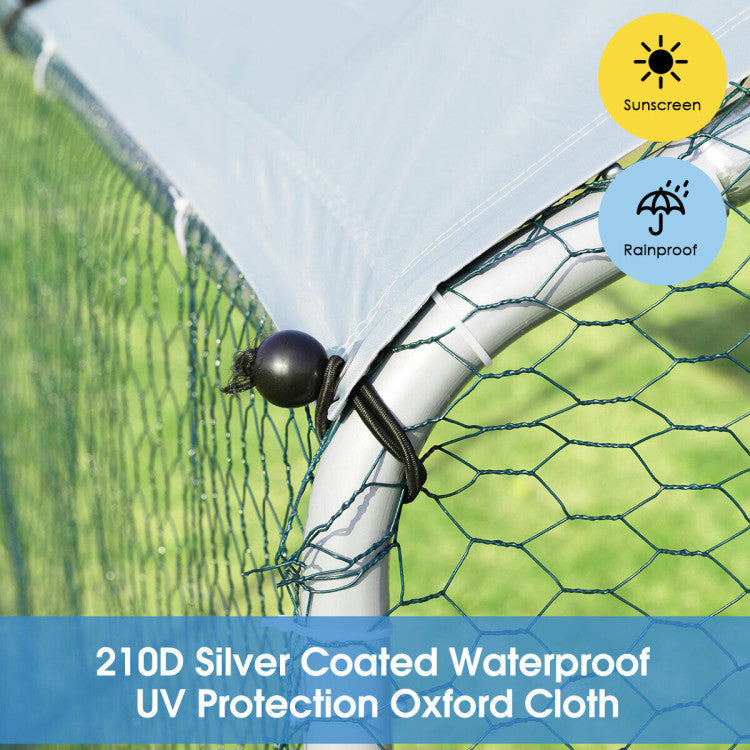 <strong>Weatherproof Cover and Hexagonal Wire Mesh:</strong> This metal hen cage is equipped with 2 removable protective covers, which are made of waterproof 210D Oxford fabric with premium silver coating, effectively protecting poultry from bad weather. More than that, it comes with hexagonal wire mesh to avoid poultry pecking or escaping while keeping away from predators.