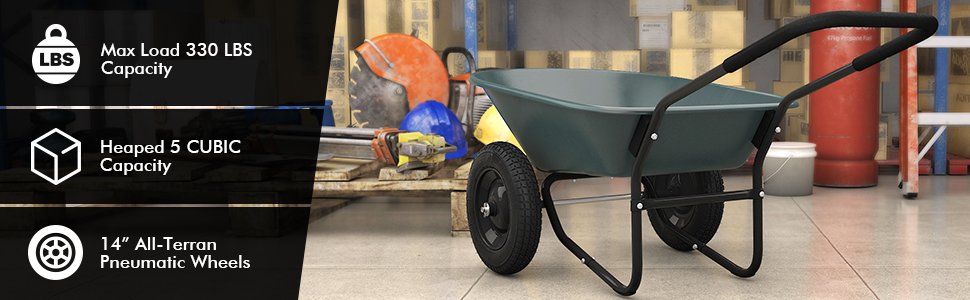 <strong>Super Large Capacity:</strong> Boasting an impressive 5-cubic feet capacity and a whopping 330 lbs hauling capability, our yard cart features a deep volume design for easy dumping. Its large pressed area guarantees uniform force distribution, preventing deformation and breakage over time.