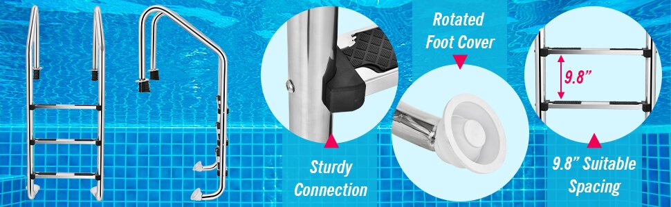 <strong> Sturdy Structure and Joints:</strong> Each part of this 3-step pool ladder is tightly connected to form a stable structure with a maximum bearing capacity of 265 pounds. In addition, the easy-to-install legs and rotatable buffer units provide strong adsorption capacity and high-impact resistance during use.