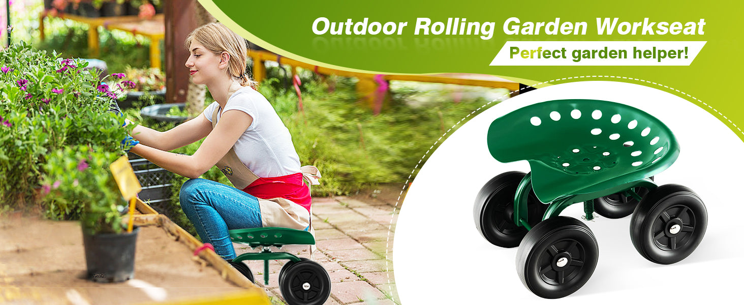 <strong>Durable and Sturdy Structure:</strong> Constructed of heavy-duty metal frame, the rolling garden stool cart is sturdy, not easily deformed, and has a large capacity of 330 lbs. In addition, the sprayed surface is rustproof to support long-time outdoor work.
