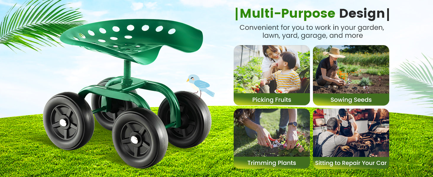 <strong>Move Around with Ease:</strong> Equipped with 7" wear-resistant PP tires, the rolling garden scooter can move effortlessly on kinds of roads, such as asphalt roads, brick roads, gravel roads, or grassland. Therefore, it is convenient for you to work in your garden, lawn, or yard.