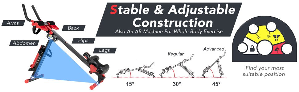 <strong>Adjustable Intensity &amp; Angles:</strong> Take control of your workout with our adjustable ab machine! With two tension levels for rowing and three angle options for abdominal exercises, you can tailor your routine to suit your fitness level and goals. Challenge yourself and push your limits with ease.<br>