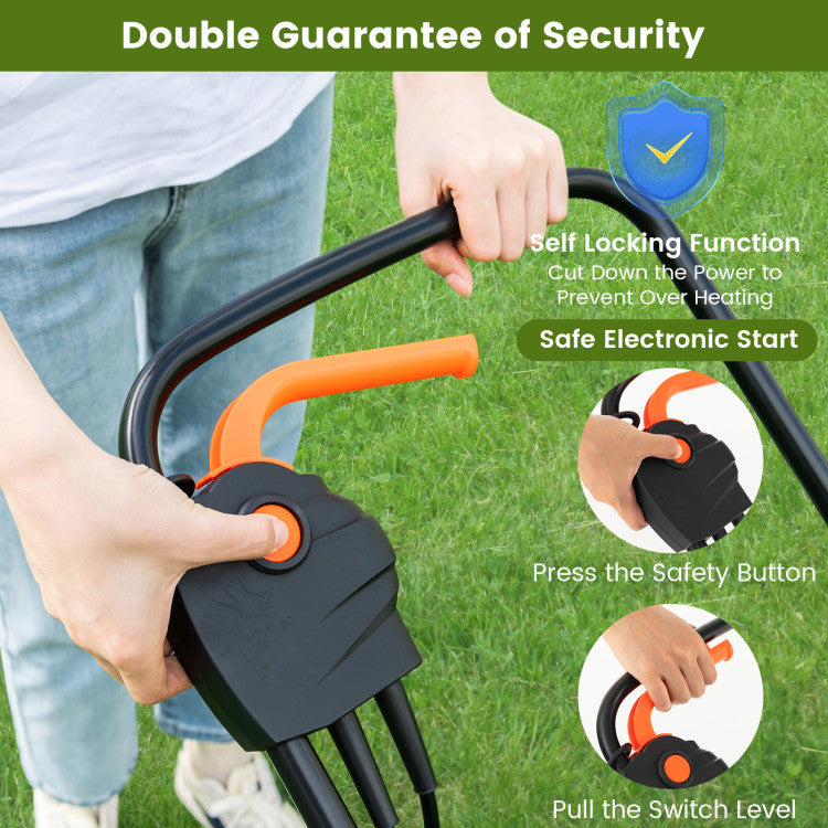 <strong>Double Guarantee of Security:</strong> Designed with a dual safety switch, this lawn mower is safe to use with simple operation. Specifically, the machine can only be started when you press the safety button and pull the switch lever together. In addition, the self-locking function can cut down the power to prevent overheating.