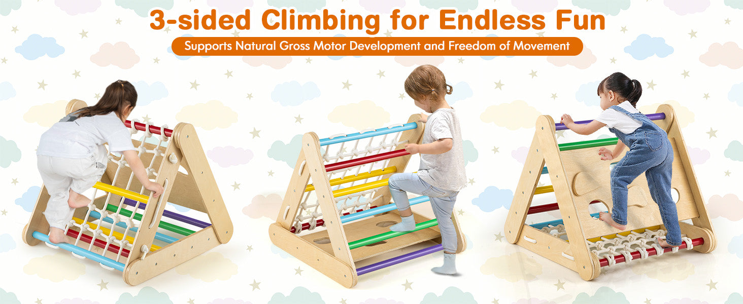 <strong>3-side Climber with Sliding Board:</strong> The triangle climber has a climbing ladder, a climbing board and a strong climbing net, and these 3 different sides bring continuous fun to your kids. In addition, the wooden triangle climber can be used with the included sliding board.