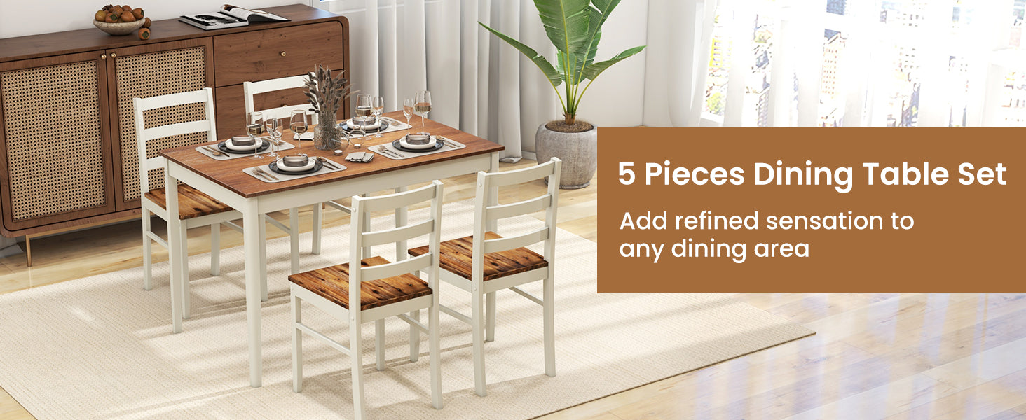 <strong>5-Piece Dining Set:</strong> Gather your loved ones around our stylish 5-piece dining set for unforgettable meals and moments. Crafted from solid rubber wood, it offers unmatched sturdiness and a timeless appeal, perfect for any occasion. Make every meal a masterpiece with our classic and retro-inspired design.