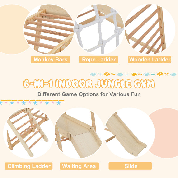 <p><strong>6-in-1 Indoor Jungle Gym:</strong> This indoor wooden playground offers kids different game options for various fun. There are monkey bars, rope ladder, wooden ladder, climbing ladder, waiting area and slide. As a result, children will have hours of fun adventures. Suitable ages: 1+ years old.</p> <p>&nbsp;</p>