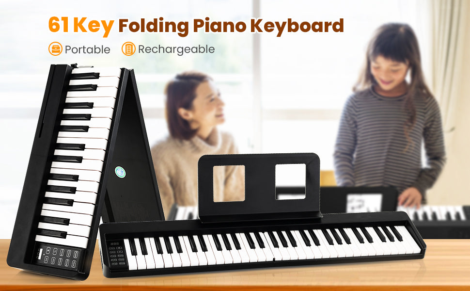 <strong>61 Full-sized Semi-weighted Keys:</strong> The folding electric piano features 61 full-sized semi-weighted keys! With a 1:1 piano key ratio, enjoy an authentic piano touch experience. The dual keyboard function allows for simultaneous play, making it perfect for duets or teaching sessions.