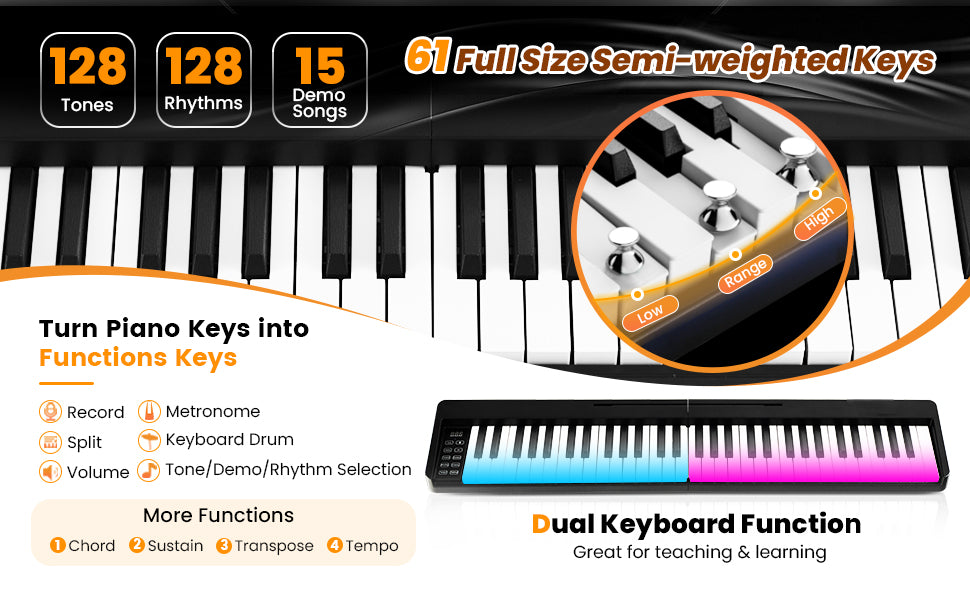 <strong>Rich Functions and Accessories:</strong> Explore a world of musical versatility with 128 tones, 128 rhythms, and 15 demo songs! Plus, enjoy additional features like keyboard drum, chord, sustain, and more. Complete with accessories including a piano bag, music stand, adaptor, pedal, and USB cable, everything you need is at your fingertips.