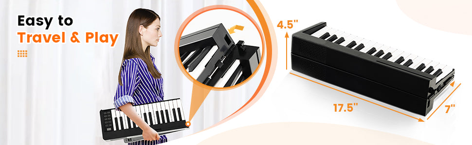 <strong>Foldable and Lightweight Design:</strong> Take your music anywhere with our lightweight and foldable design! Weighing only 5.5 lbs and equipped with a carry bag, transport becomes effortless. Whether you're a traveling musician or a student on the go, this piano is your perfect companion.