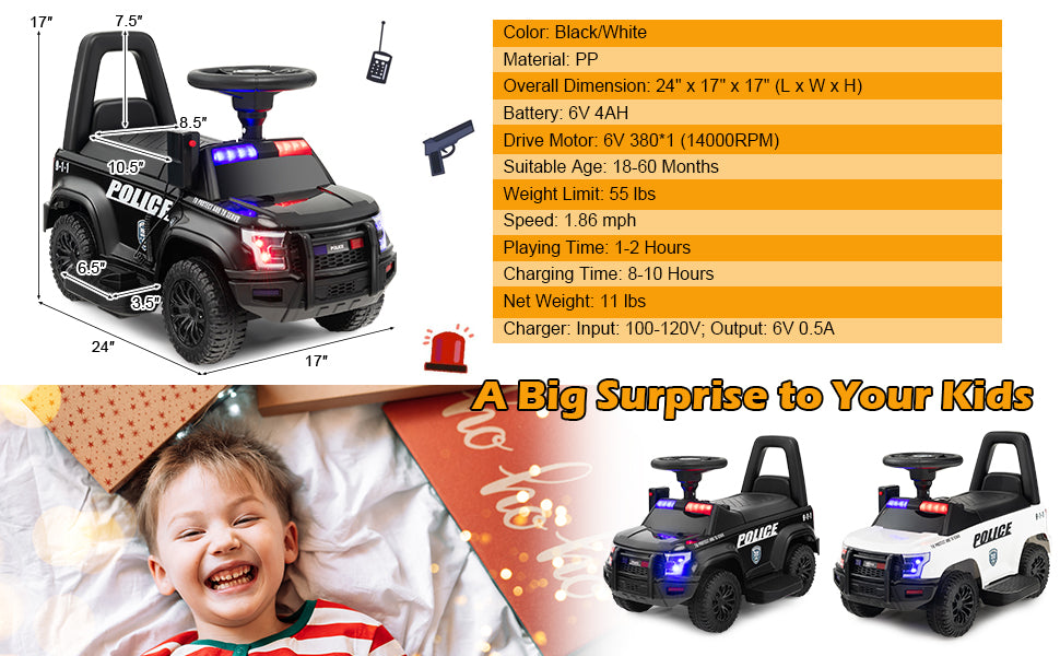 <strong>Perfect Gift for Your Kids:</strong> Made of durable material and with ASTM certification, this battery-powered ride-on police car ensures a long service life and is a wonderful birthday or holiday gift for your child. It can hold up to 55 lbs/25kg and is suitable for kids aged 18-60 months.