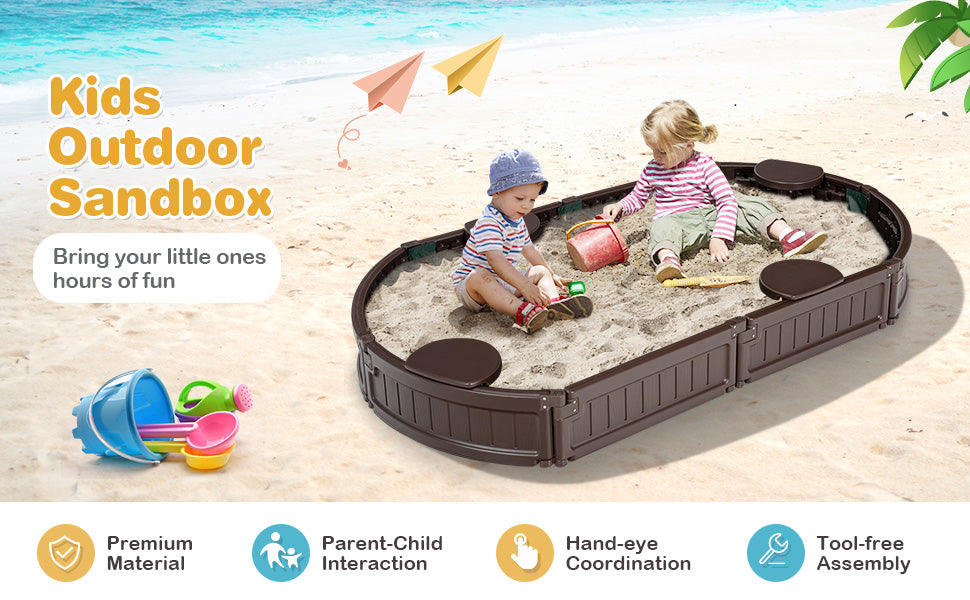 <strong> Built-in Seats and Large Play Area:</strong> Transform your backyard into a kid's paradise with our sandbox! Featuring built-in seats in each corner, it comfortably accommodates children up to 3 years old, offering a spot for them to sit and play without getting their clothes dirty. With ample dimensions of 47" x 47" x 8", there's plenty of room for creativity to flourish.