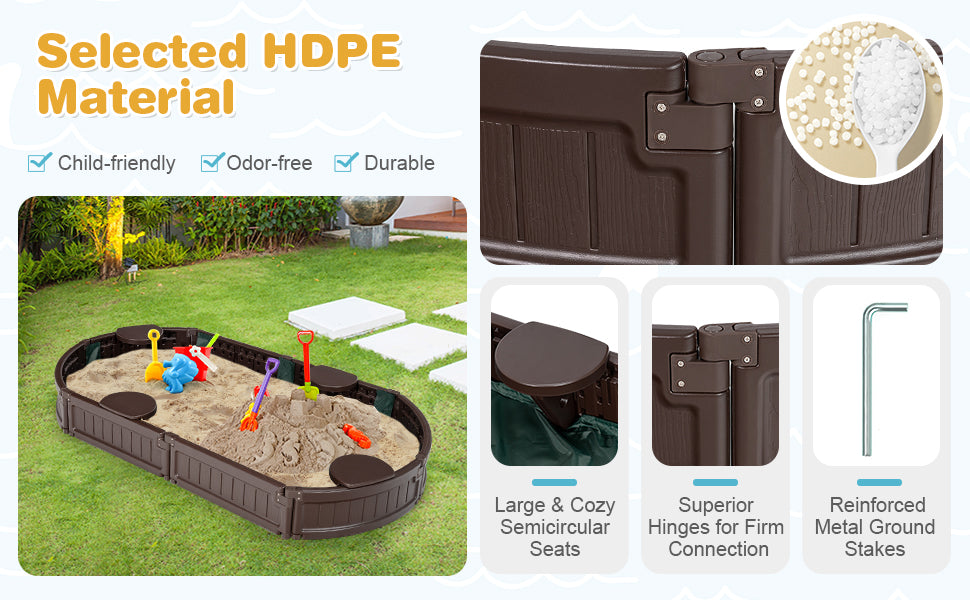 <strong>Weather Resistant Material:</strong> Crafted from all-weather HDPE material, our sandbox ensures long-lasting use in any outdoor setting. Say goodbye to decay and wear – this sturdy construction is perfect for parks, beaches, and backyards, providing a smooth surface with curved edges for your child's safety.