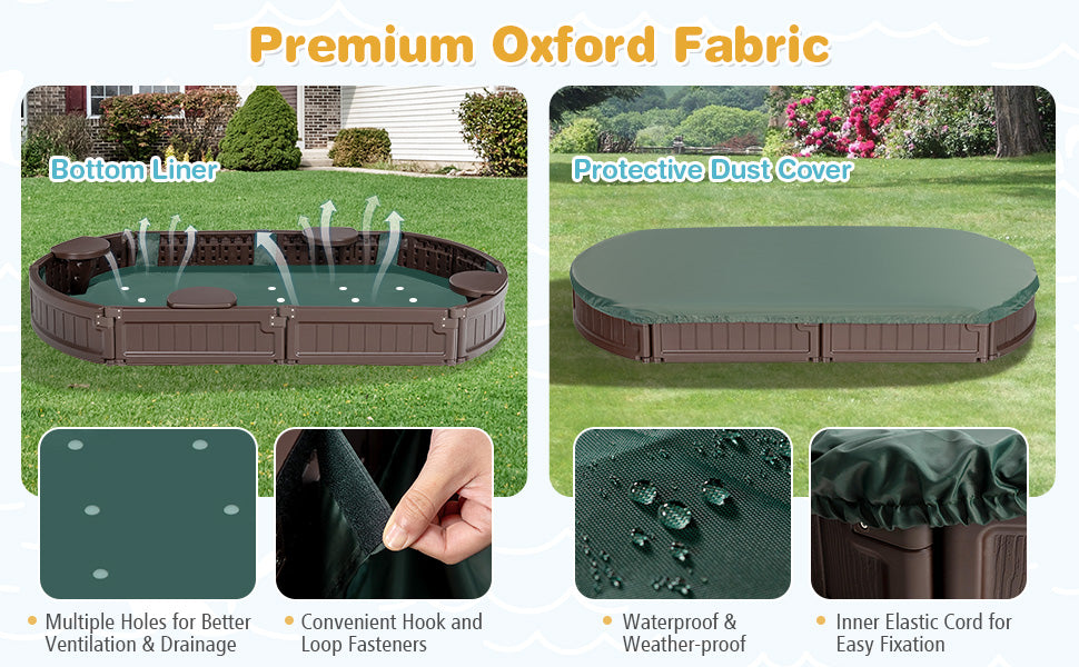 <strong>Bottomless Design and Dust-proof Cover:</strong> Keep the fun going with our bottomless sandbox and dust-proof cover! The built-in liner ensures proper drainage and ventilation, while the cover protects the sand from unwanted debris. Assembly is a breeze with our user-friendly instructions, and 8 ground stakes ensure stability in any setting.<br>