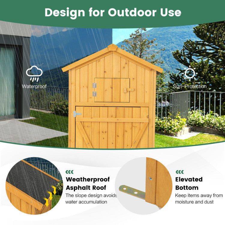 <strong>Weatherproof Design:</strong> This outdoor storage shed adopts a weatherproof asphalt roof, which can effectively protect the shed from rain, wind, and sunlight. And the slope design avoids water accumulation. Besides, the elevated bottom helps keep items away from moisture and dust.