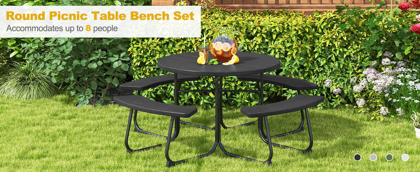 <strong>Perfect for Outdoor Gatherings:</strong> The 43" round table with curved seating can comfortably seat up to 8 adults. Whether you're hosting a barbecue or enjoying an outdoor meal, the picnic table provides the perfect gathering place for your family and friends.