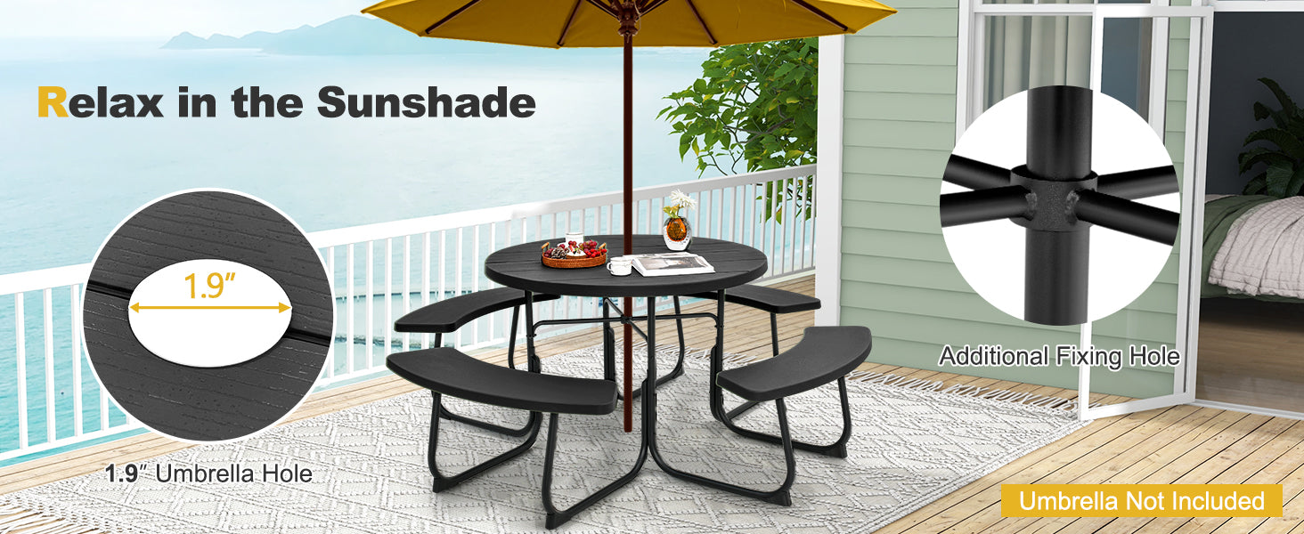 <strong>Convenient to Set a Shade Area:</strong> Featuring a 1.9" hole, the round picnic table set allows you to install a patio umbrella. Hence, you can create a shaded area to enjoy a delightful meal without harsh sunshine. Note: Please measure your umbrella pole diameter before purchase.