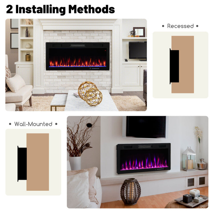 <strong>2 Assembly Methods:</strong> This electric fireplace can not only be recessed in the wall but also wall-mounted with the pre-assembled bracket to fit 2' x 6' stud wall. Note: We recommend 12" of space between your fireplace and TV.