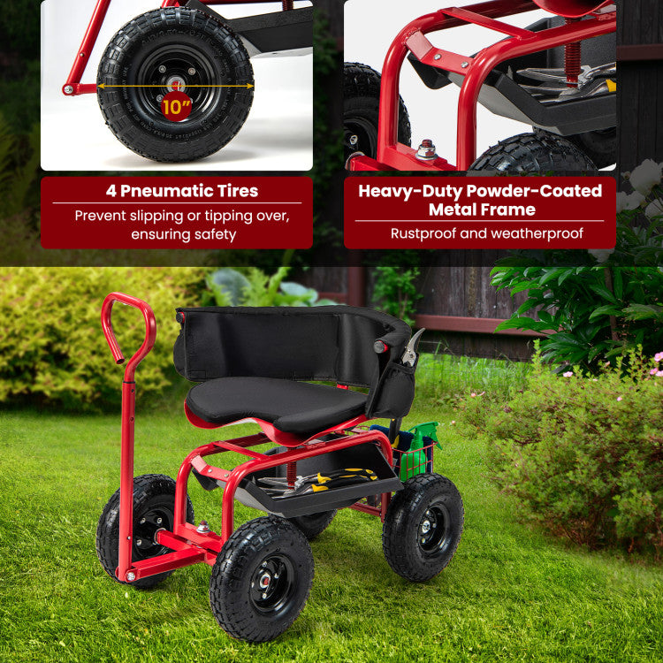 <strong>Easy Maneuvering:</strong> The steering handle can be extended in 2 lengths (22.5"/32"), and it can also be rotated or detached, which is suitable for users of different heights, allowing you to pull the garden cart with ease. Furthermore, it is equipped with 4 large pneumatic tires, preventing slipping or tipping over for safety.