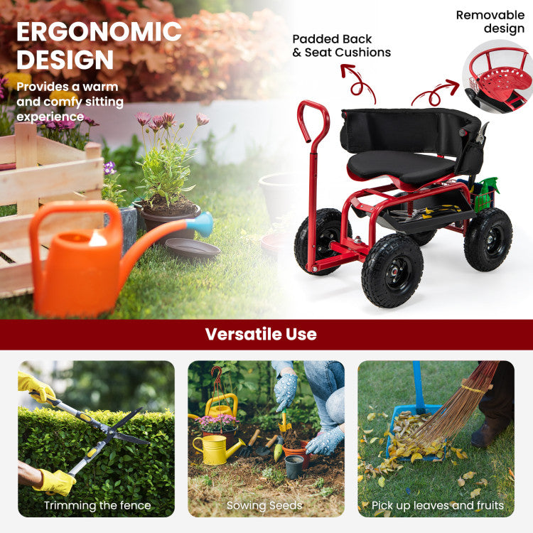 <strong>Versatile Use:</strong> This practical garden steerable tool cart scooter measures 35.5" x 24" x 23.5"-27" (L x W x H), which can be a good helper for various gardening works, such as weeding, sowing seeds, picking up leaves and fruits. It can also be used as a tool cart for your garage.