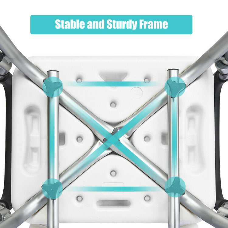 <strong>Lightweight and Stable Frame:</strong> The shower bench is made of an aluminum frame that guarantees stability and durability, and the lightweight shower stool frame holds up to 330 LBS. The lightweight frame is simple to use for additional comfort.<br>