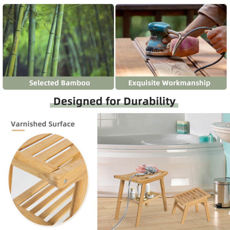 <strong>Sturdy Bamboo Frame:</strong> All the frame is constructed of selected bamboo making these shower bench and footstool have a strong loading capacity (330 lbs for shower bench, 20 lbs for footstool). Likewise, exquisite workmanship brings a smooth surface.