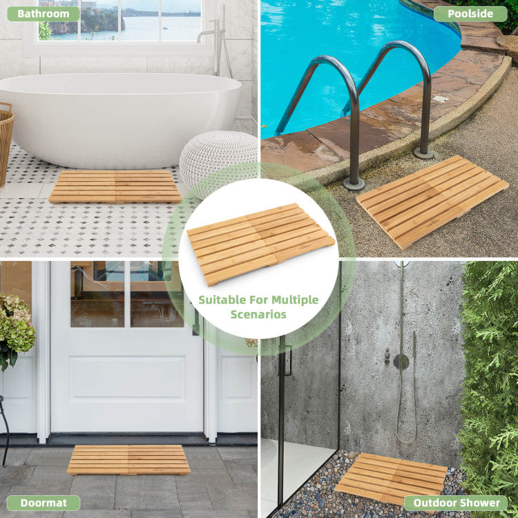 <strong>Suitable for Multiple Scenarios:</strong> From your bathroom to outdoor spaces, our slatted bamboo shower mat is the ultimate multipurpose solution! With its raised design, it promotes quick drainage, keeping your feet dry and comfortable during showers. Plus, its nonslip feature makes it ideal for various outdoor settings, including porches, poolside areas, and outdoor showers.