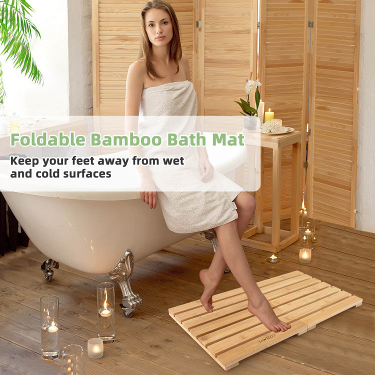 <strong>Convenient Foldable Design:</strong> Experience convenience like never before with our foldable bamboo bathroom mat! Designed for practicality, it effortlessly folds into a compact size for easy storage and transport. Engineered with premium steel hinges, it opens and closes smoothly, ensuring hassle-free use wherever you go.<br>