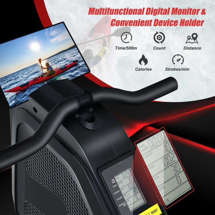 <strong>Digital Monitor and Device Holder:</strong> Monitor your progress with ease using the digital monitor, tracking distance, rowing time, count, and calories burned. Plus, with the convenient device holder, you can enjoy your favorite videos or music to keep you motivated throughout your workout.