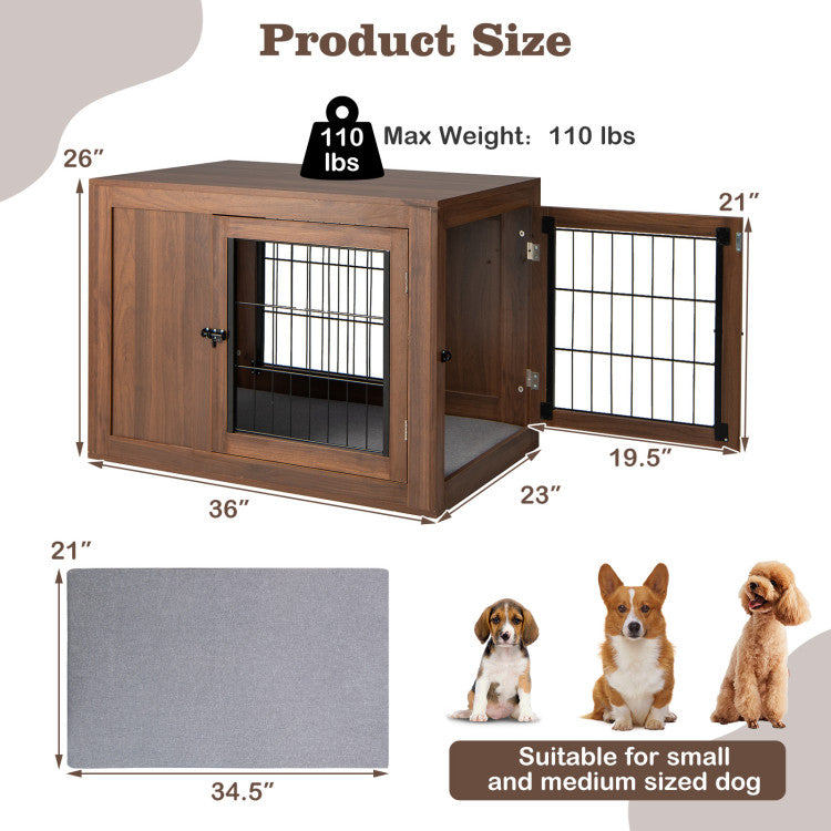 <p><strong>Elegant Style and Ideal Size:</strong> Measuring 36" x 23" x 26" (L x W x H), the furniture dog crate is suitable for most small and medium-sized dogs. Besides, the simulated wood grain in walnut color makes it a stunning addition to match the decor in your living room and bedroom.</p> <h5></h5>