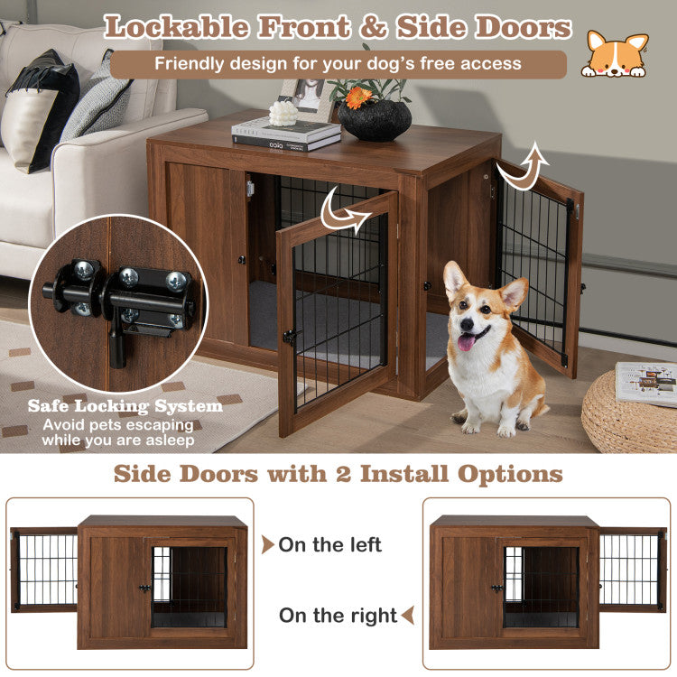 <strong>Lockable Front and Side Doors:</strong> Equipped with a latched front door and side door, the furniture dog crate will provide easy access for dogs and prevent pets from escaping while you are asleep. Moreover, the side door can be installed on the left or right side according to your habits.