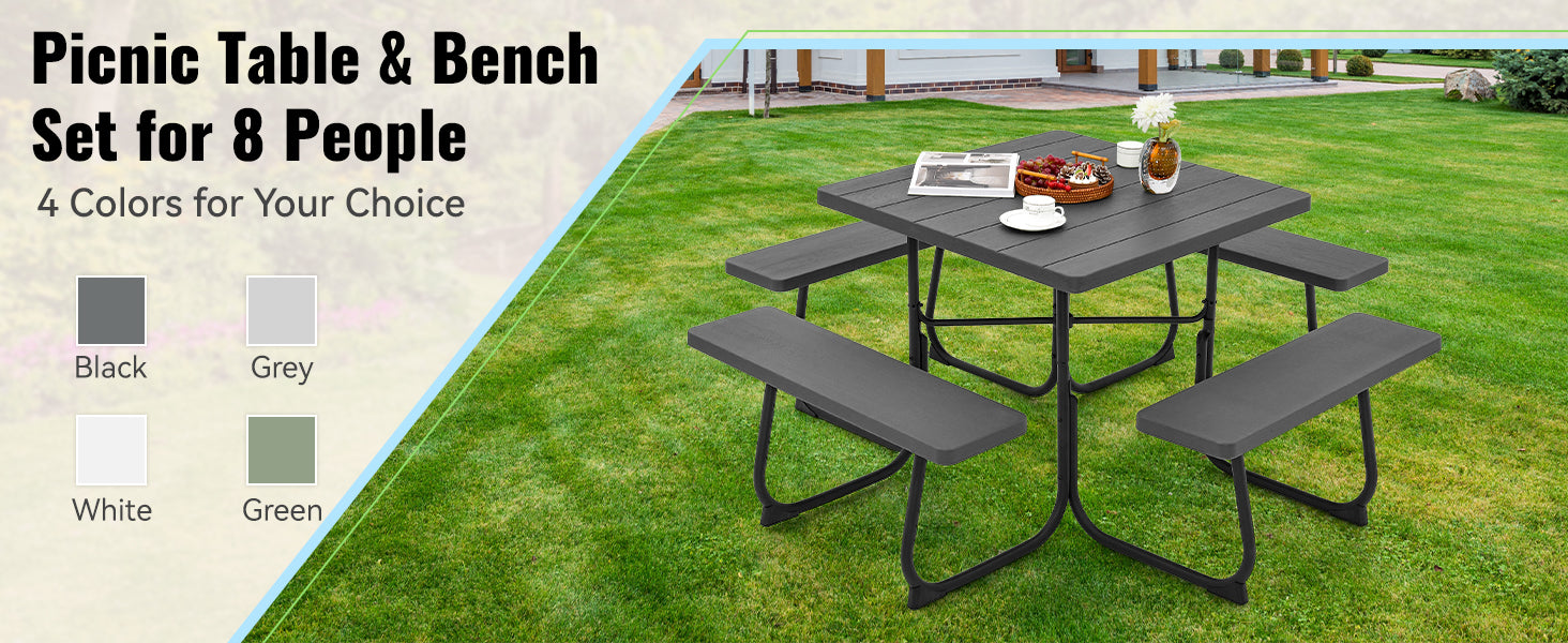 <strong>Built-in Benches and Spacious Tabletop:</strong> This square picnic table is designed with four built-in benches, providing ample seating for up to 8 people. Besides, the large tabletop offers plenty of space for food, drinks, and other essentials.<br>