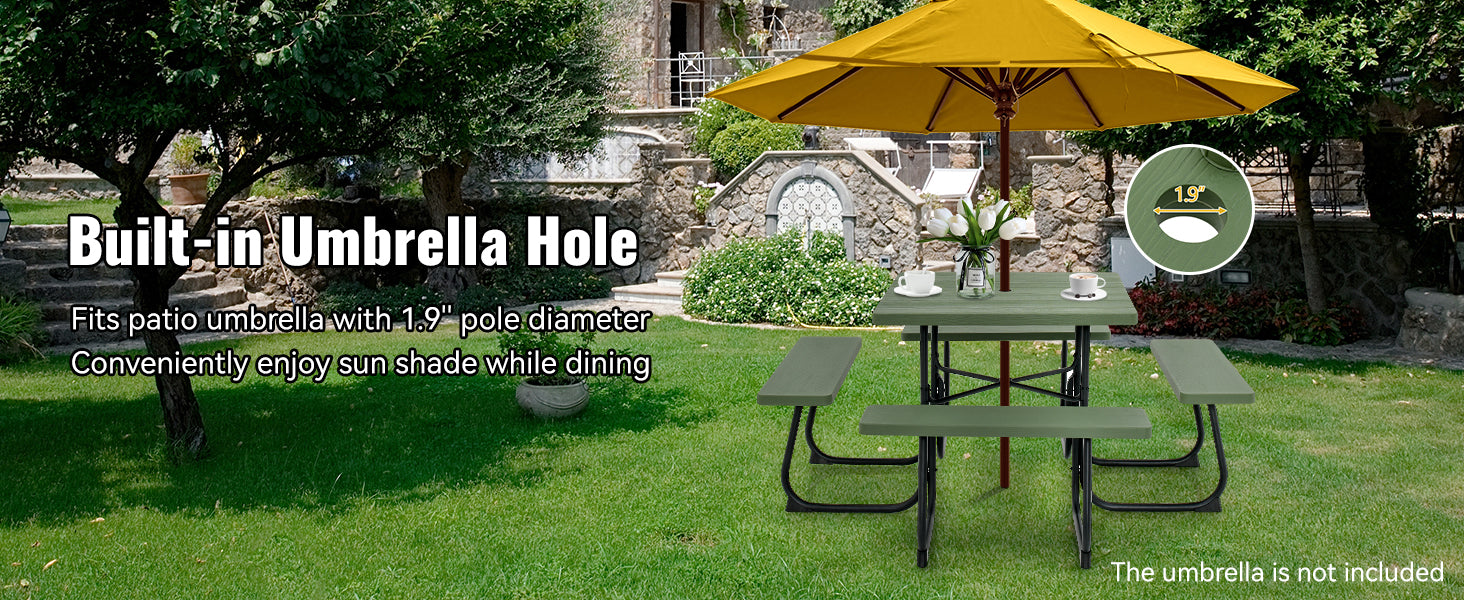 <strong>Unique Umbrella Hole Design:</strong> Equipped with a 1.9" diameter built-in umbrella hole, this picnic table allows you to add a sunshade or parasol, providing much-needed shade during hot summer days, so you can stay cool and protected from the sun's harmful rays.<br>