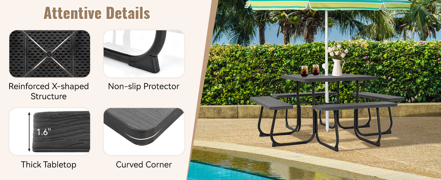 <p><strong>Well-made Details: </strong>Featuring a waterproof surface, this picnic table is easy to clean and maintain. The thick tabletop is suitable for long-time use, while the round corners prevent any bumps or injuries. Moreover, the non-slip foot pads provide extra stability, ensuring a safe and secure experience.</p> <h5></h5>